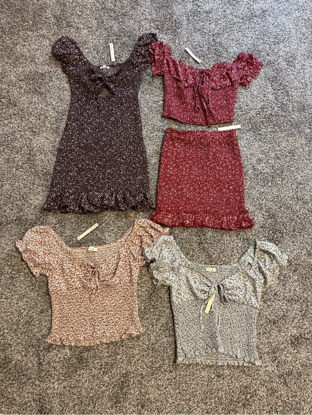 Set of 4 - Purple Floral Dress, Red Floral Set, and Pink/Blue Floral Tops